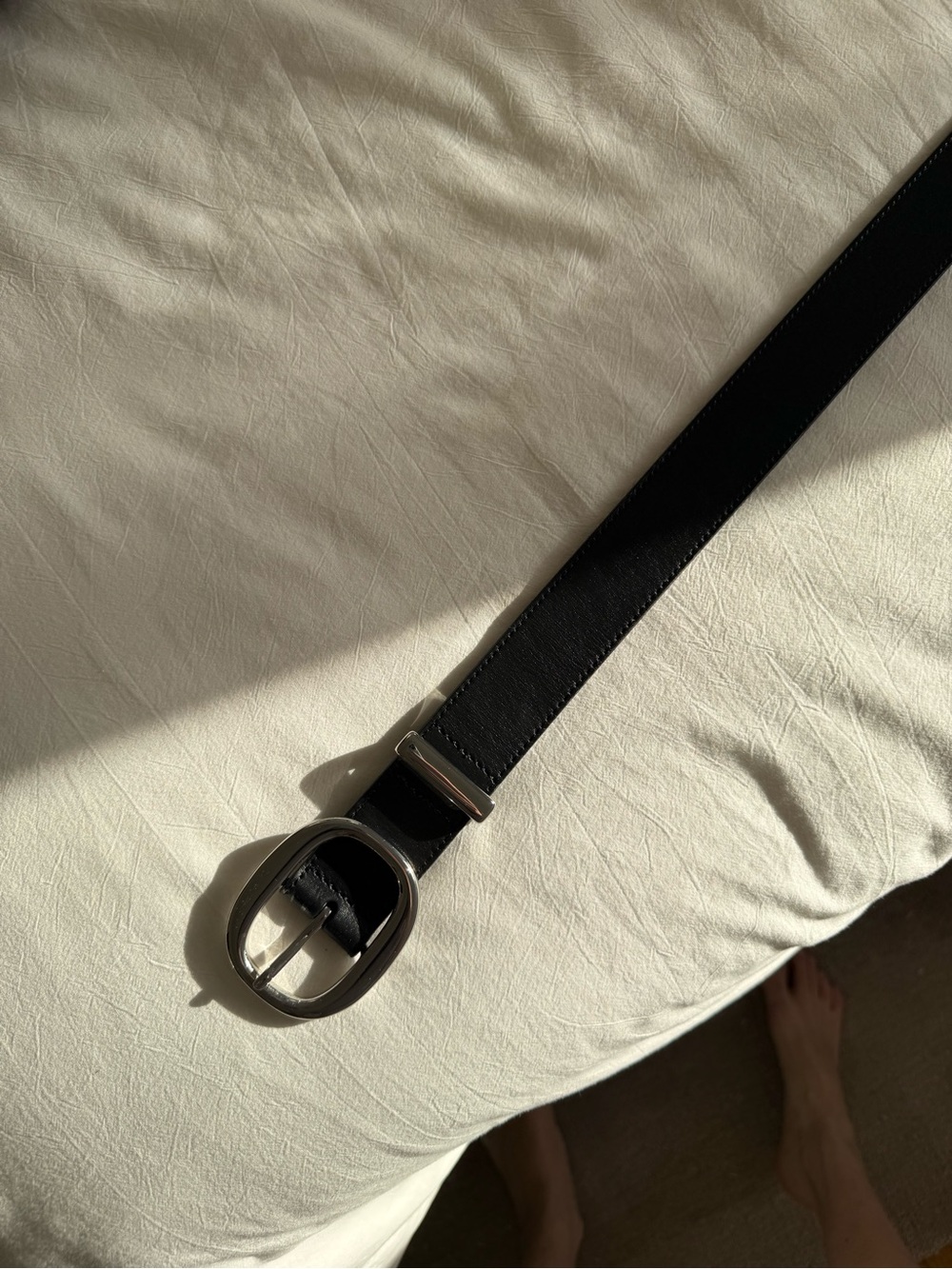 Aritzia Black Leather Belt with Oval Silver Buckle